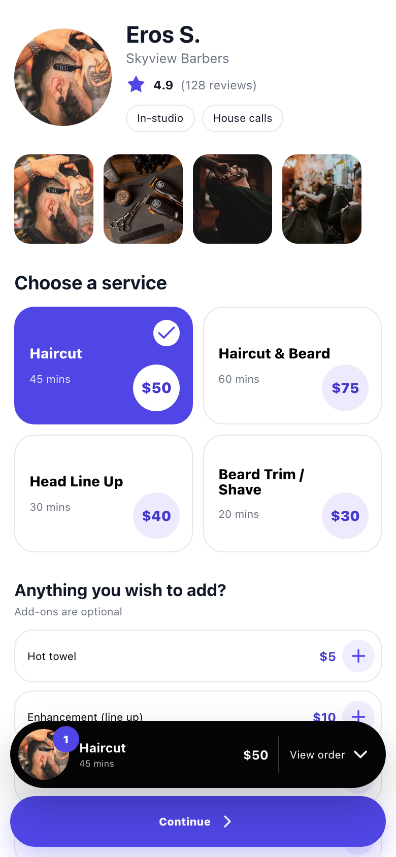 Booknz customer booking page showing provider profile and service selection